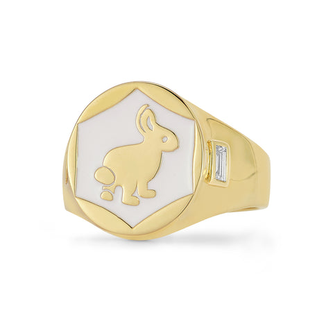 14k Yellow Gold Bunny Signet Ring with Baguette side stones