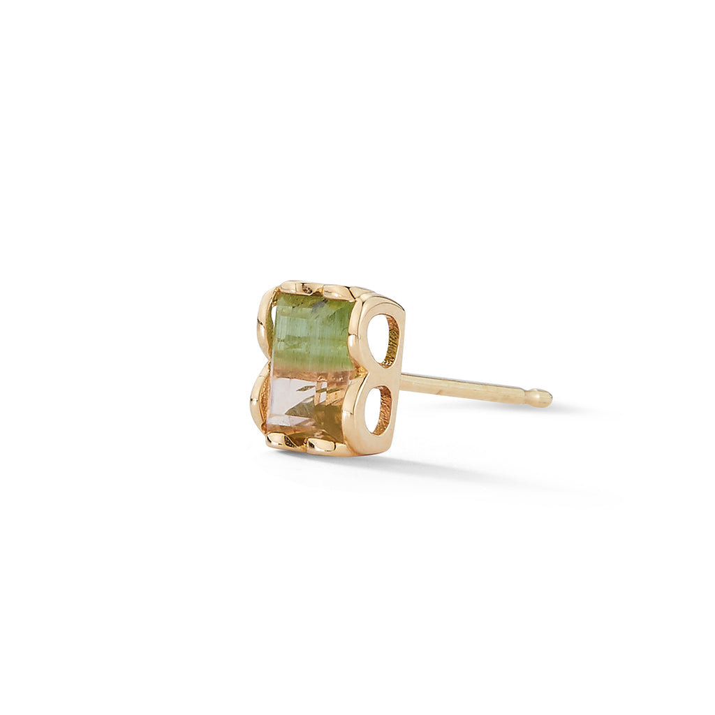 Bi-Color Tourmaline stud earring, single stud earring, 14k gold rectangle tourmaline stud