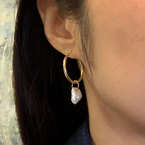 pearl hoop earrings, 14k hollow gold hoop earrings with keshi pearl charm