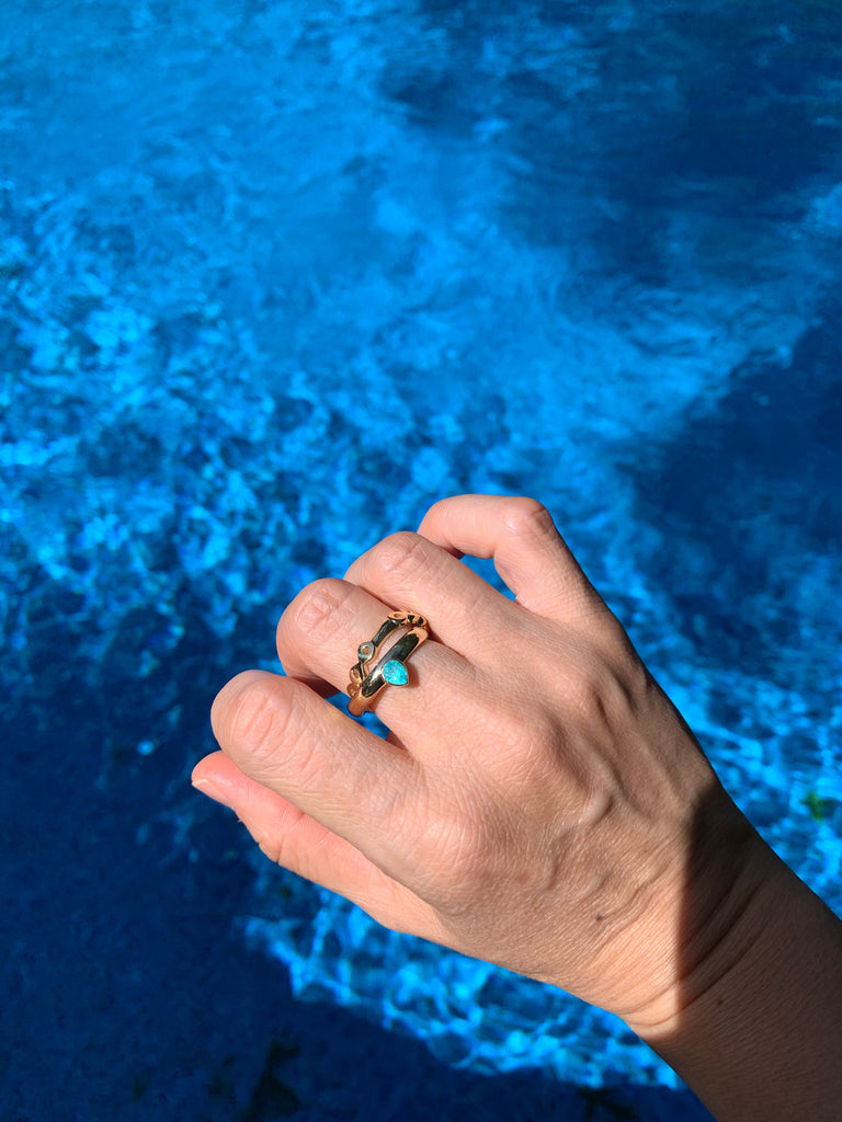 Rolling stackable ring bands, stacking gold rings, ring bands, wedding rings, engagement rings, linked rings, connected rings, 14k gold, paraiba tourmaline