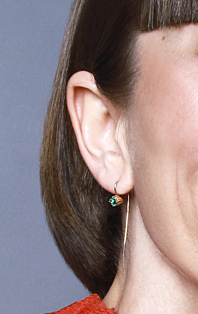 14k gold emerald stick earrings, gold linear earring with emerald stones