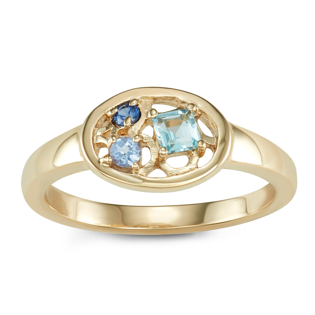 stone cluster signet ring, blue gemstone ring, 14k gold, women's signet stone cluster ring