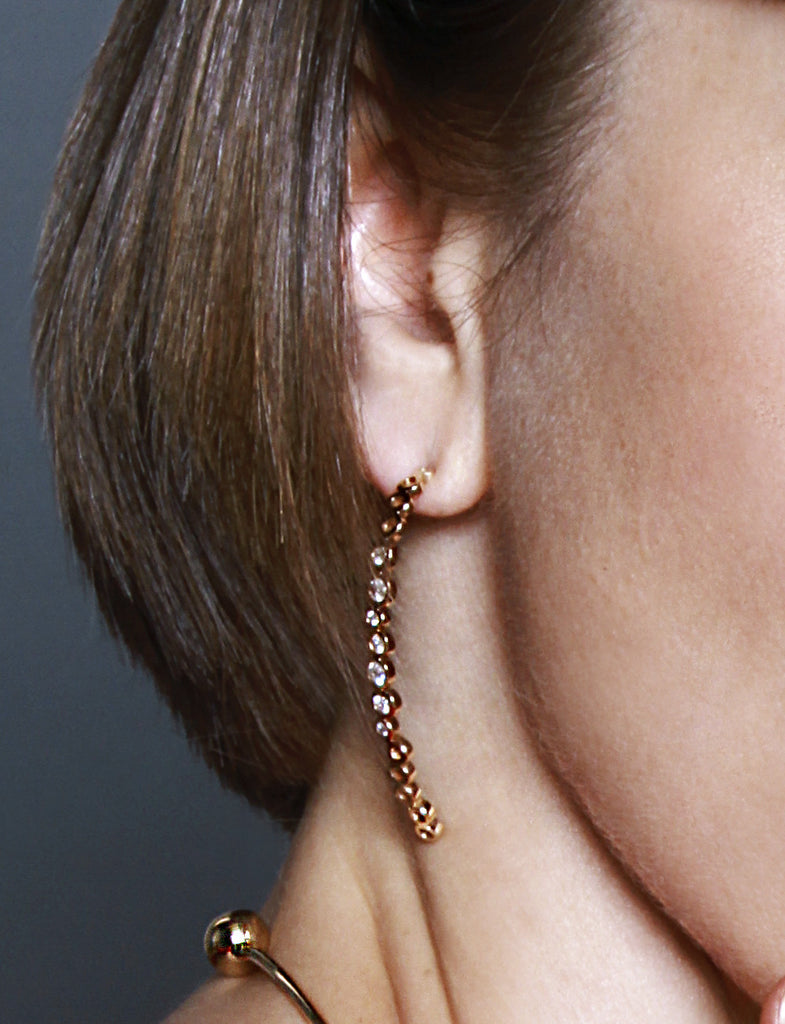 14k gold curved linear diamond earrings, solid gold stick earrings with diamonds