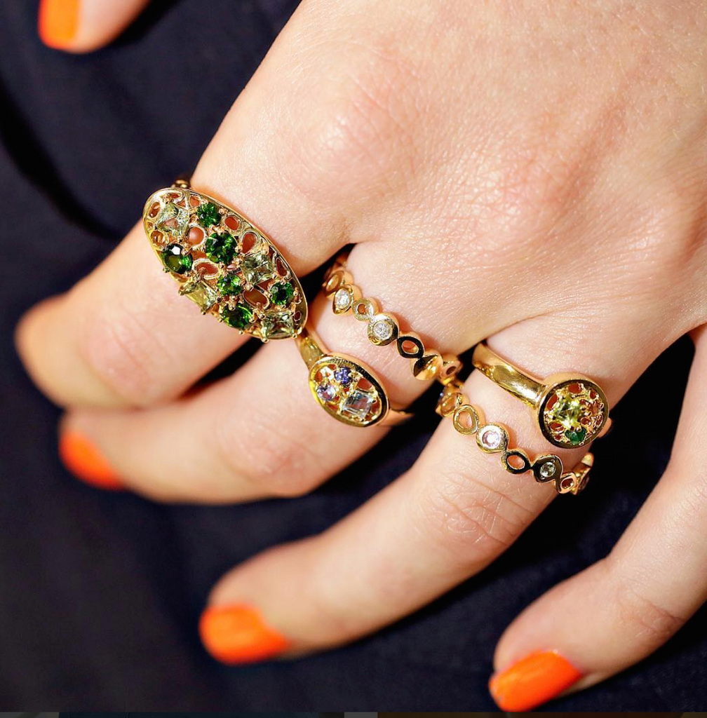 14k gold stone cluster signet ring, 14k gold ring with emerald, citrine and peridot stone