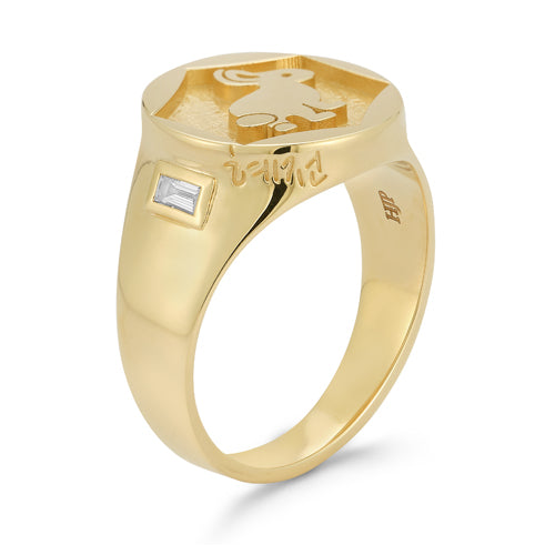 14k Yellow Gold Bunny Signet Ring with Baguette side stones – Hi June Parker