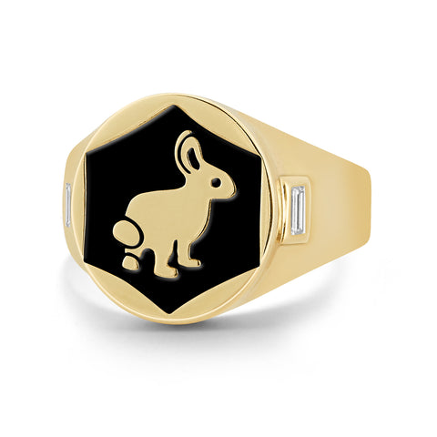 14k Yellow Gold Bunny Signet Ring with Baguette side stones