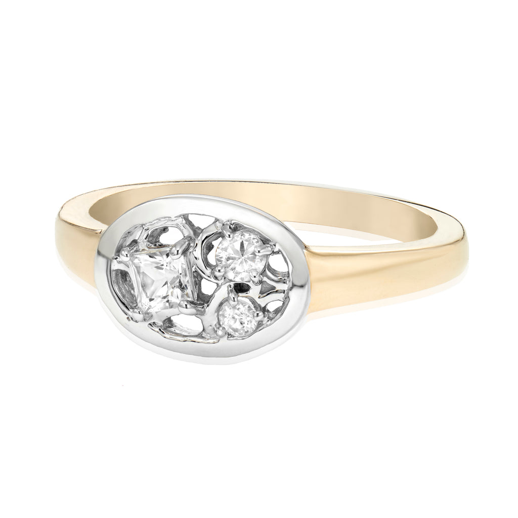 stone cluster signet ring, White topaz stones ring, 14k gold, women's signet stone cluster ring, 2tone, two tone