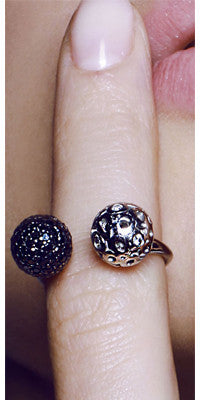 14k white gold U-shape ring with white and black diamonds, sphere cocktail ring with pavé black diamonds and white diamonds