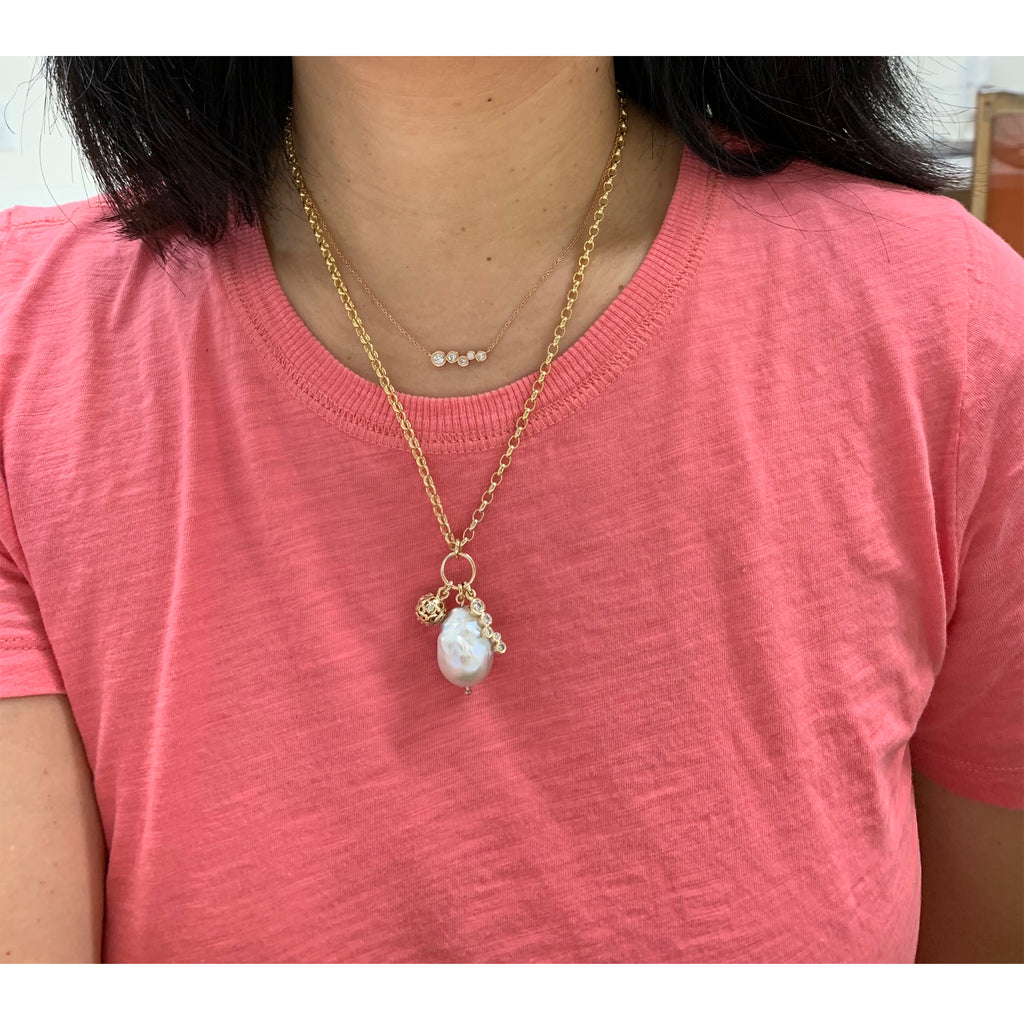 Large baroque pearl charm pendant necklace, 14k gold pearl and diamond charm pendant, collectible gold charm pendant with pearl and diamonds