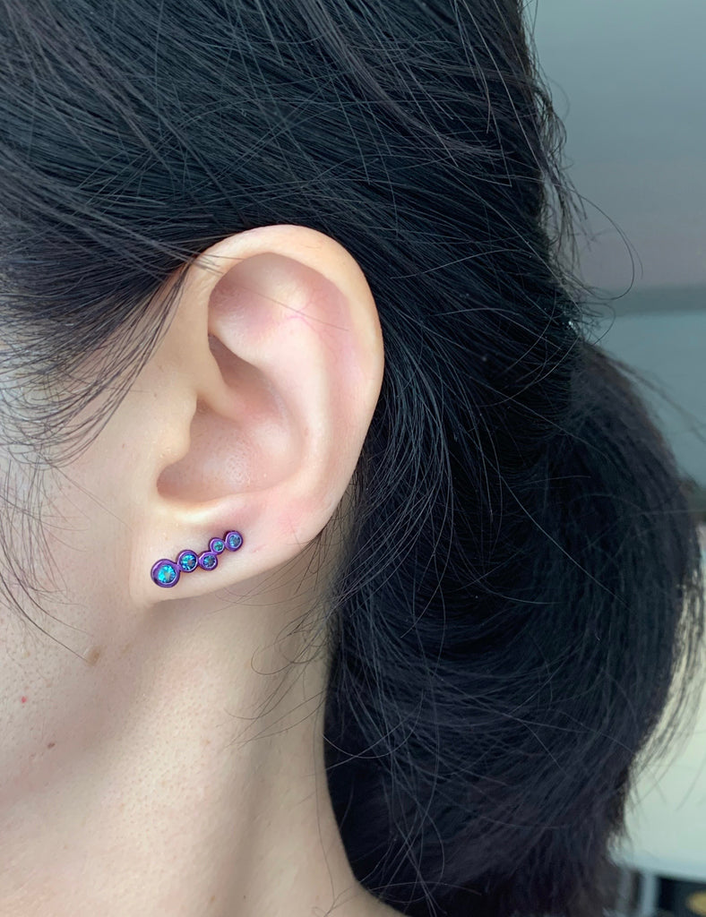 Purple coated green sapphires earring climber, Electric 80s, Colorful gemstone earring, color on color earring