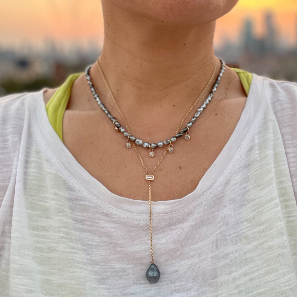 Tahitian pearl and baguette diamond y-necklace 14k hi june parker