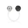 14k white gold U-shape ring with white and black diamonds, sphere cocktail ring with pavé black diamonds and white diamonds