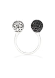 14k white gold U-shape ring with white and black diamonds, sphere cocktail ring with pavé black diamonds and white diamonds