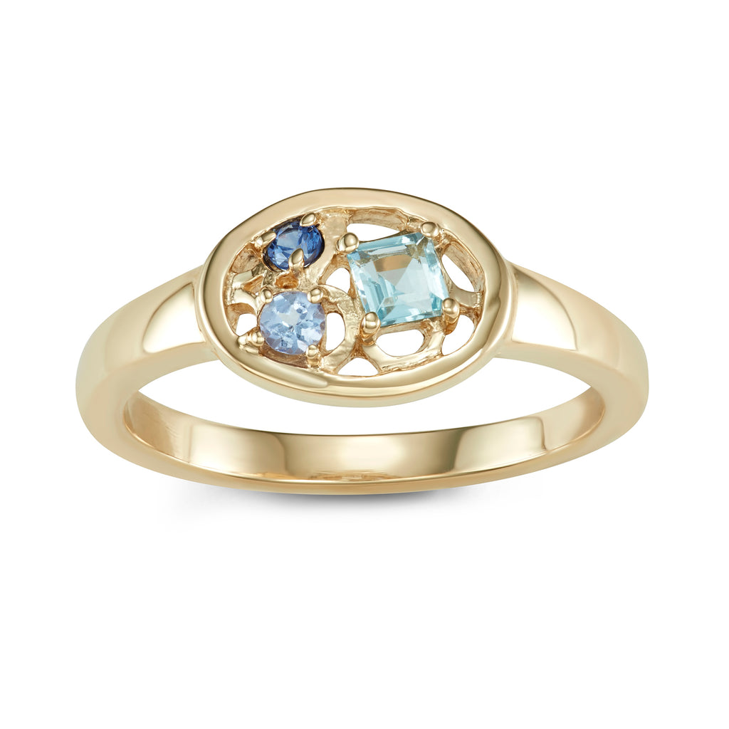 stone cluster signet ring, blue gemstone ring, 14k gold, women's signet stone cluster ring