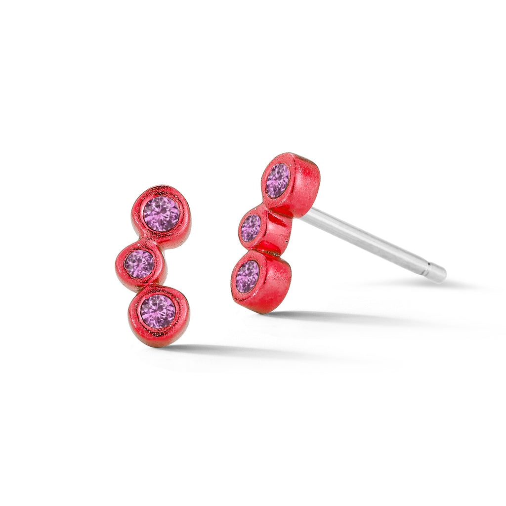 Electric 80s mini red three stone single stud earring, Pink Sapphires stud earring