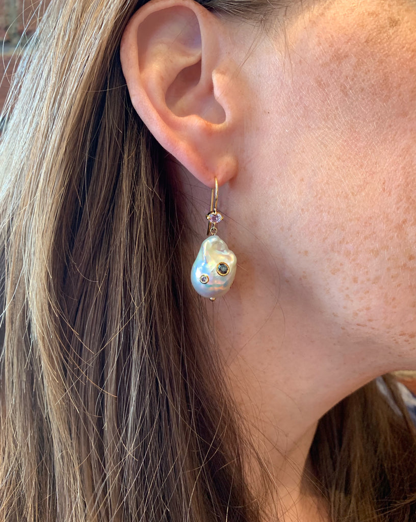 Large Baroque pearl with salt and pepper diamond statement earrings, pearl with embedded stones earrings, 14k gold pearl and morganite statement earrings