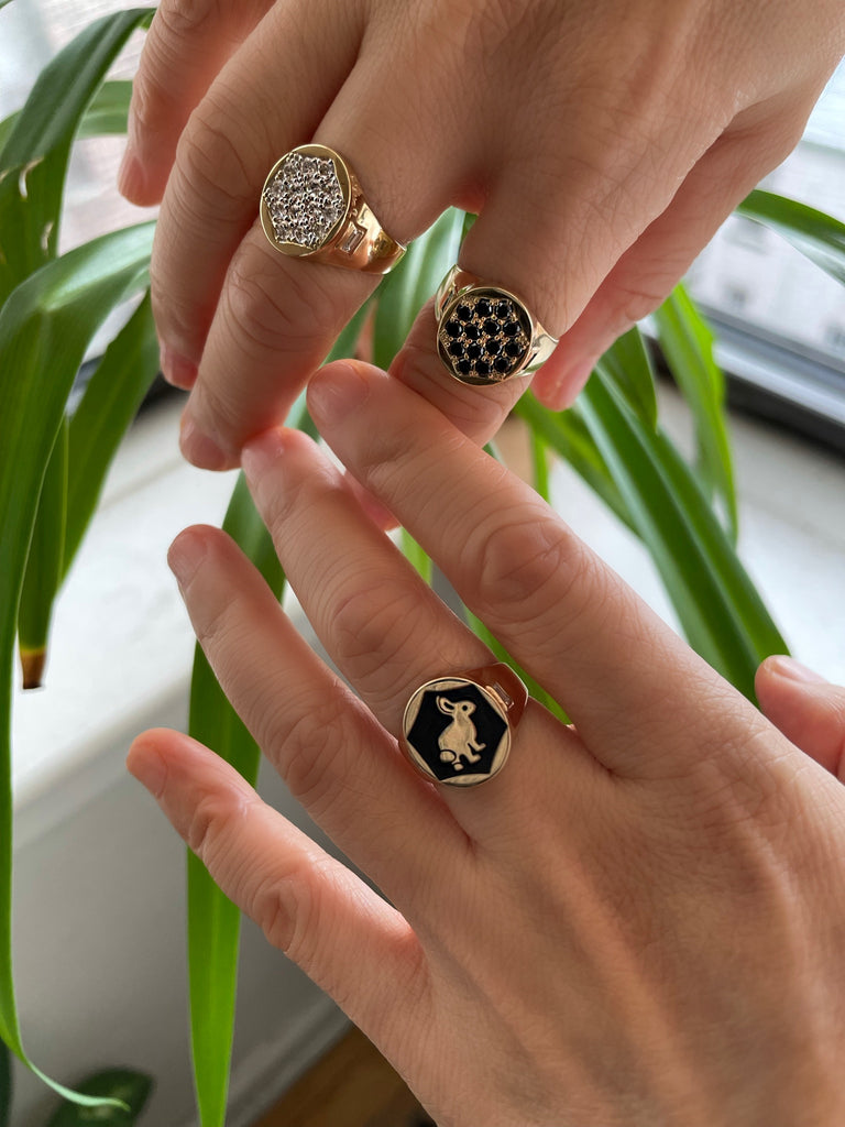 Hi June Parker bunny signet ring with black enamel and diamond baguette side stones