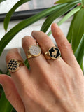Hi June Parker bunny signet ring with black enamel and diamond baguette side stones