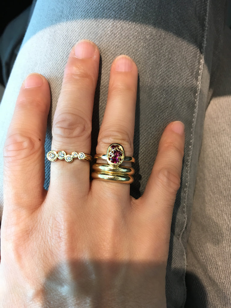 14k gold rubies and rhodolite garnet cluster signet ring, gold ring with open work and red gemstones