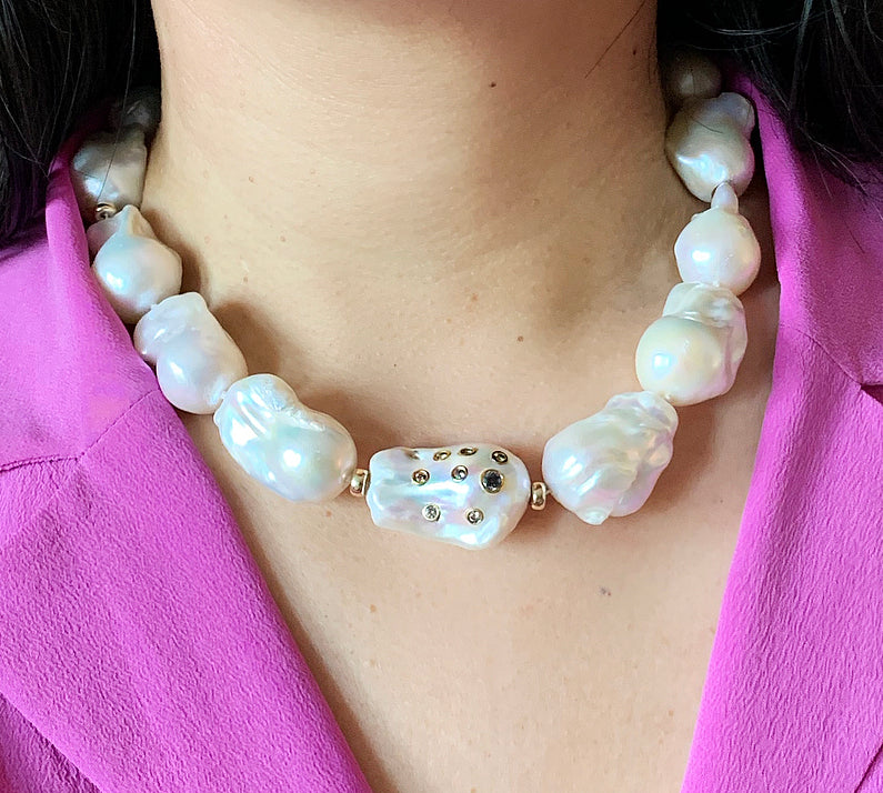 Statement baroque pearl necklace, 14k gold baroque pearl with salt and pepper diamonds, large pearl collar necklace with diamonds