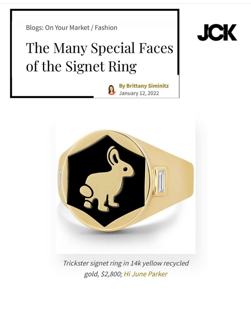 JCK Many faces of the signet ring Hi June Parker trickster bunny signet ring with enamel and recycled gold