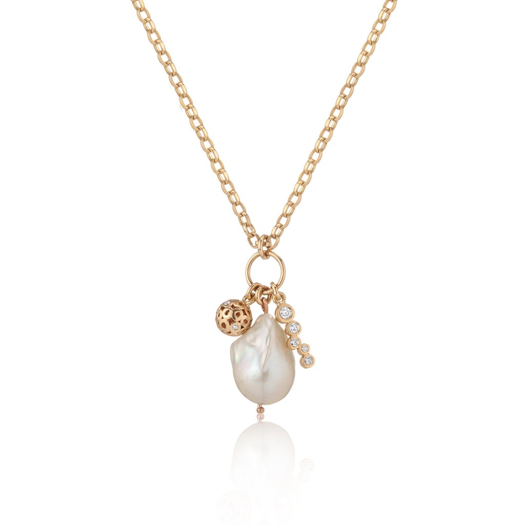 Large baroque pearl charm pendant necklace, 14k gold pearl and diamond charm pendant, collectible gold charm pendant with pearl and diamonds