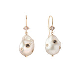 Large Baroque pearl with salt and pepper diamond statement earrings, pearl with embedded stones earrings, 14k gold pearl and morganite statement earrings