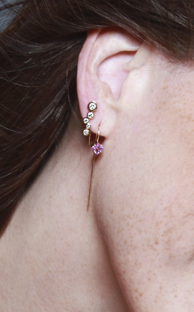 14k gold pink sapphire stick earrings, gold linear earring with princess cut pink sapphire stones