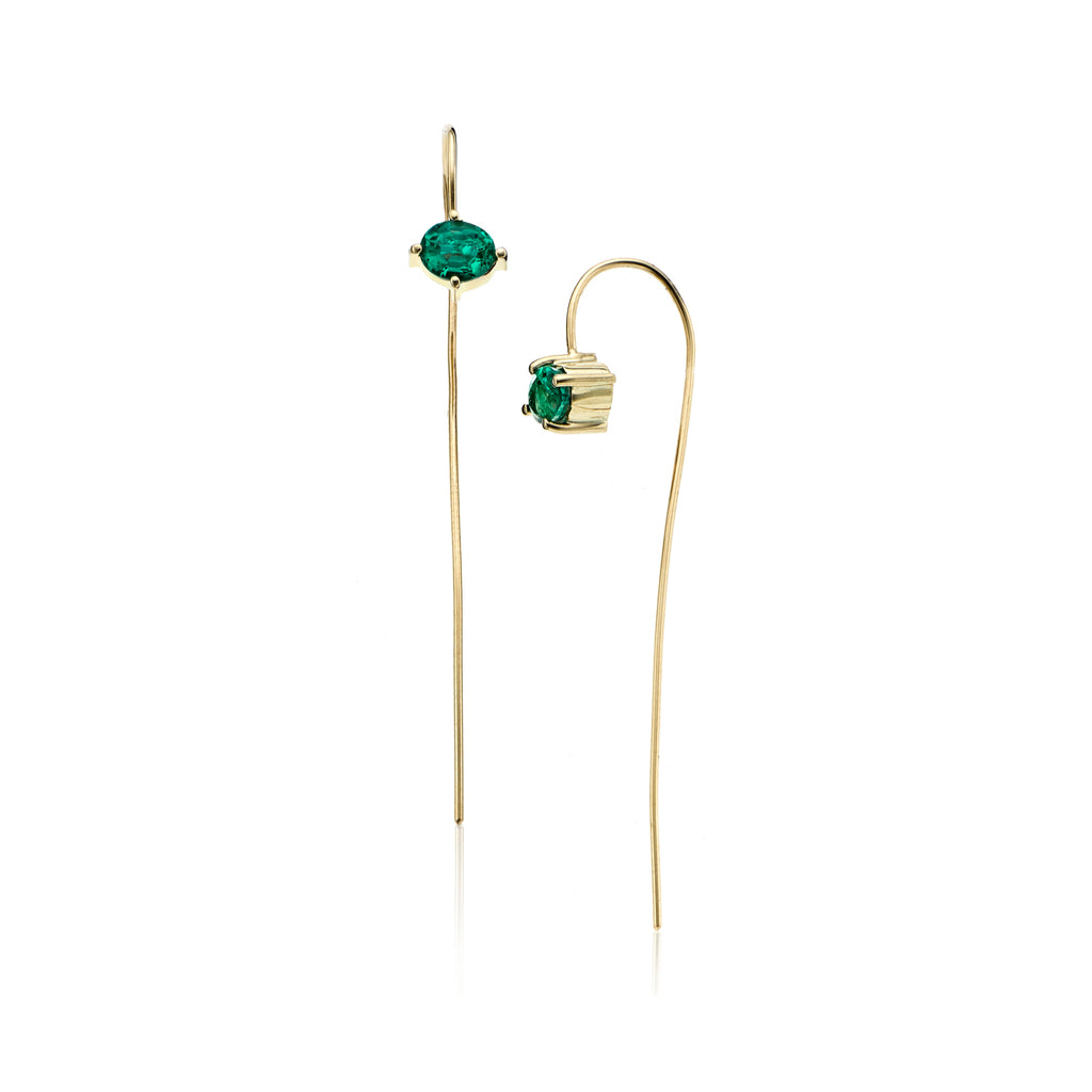 14k gold emerald stick earrings, gold linear earring with emerald stones