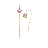 14k gold pink sapphire stick earrings, gold linear earring with princess cut pink sapphire stones