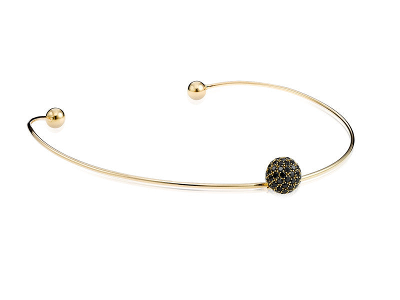 14k gold choker necklace with black diamond pavé ball, solid gold wire collar necklace with black diamond pave ball