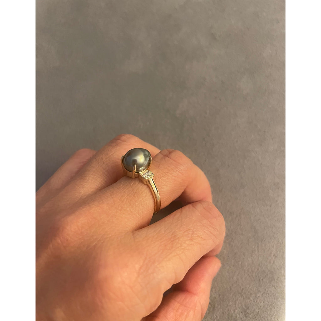 Tahitian pearl and diamond baguette Toi et Moi two stone ring 14k Hi June Parker