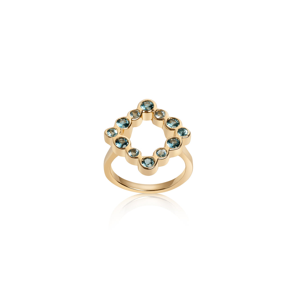 statement gold ring, open shape 14k gold ring, london blue topaz ring