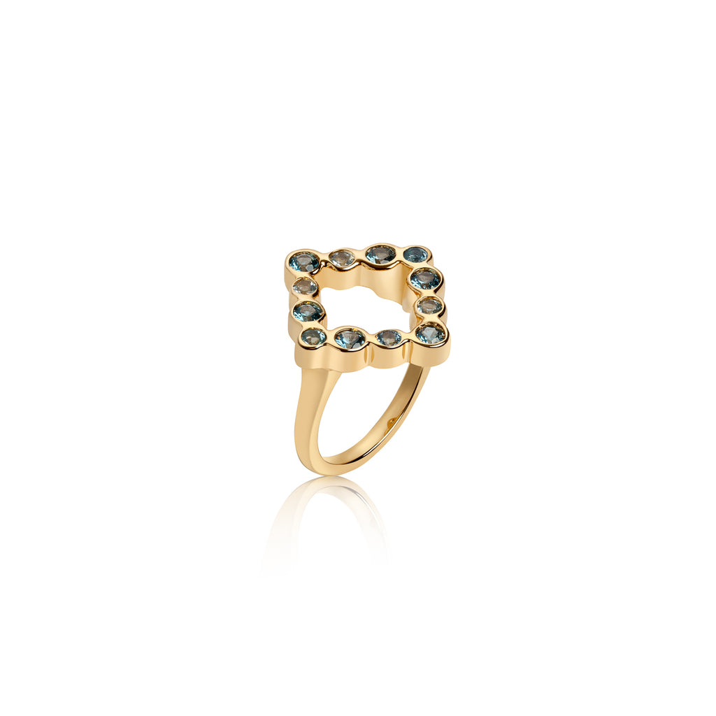 statement gold ring, open shape 14k gold ring, london blue topaz ring