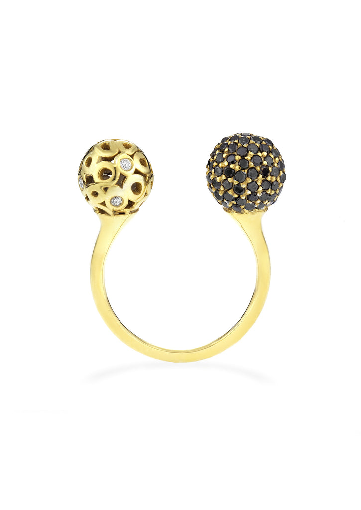 14k gold U-shape ring with white and black diamonds, sphere cocktail ring with pavé black diamonds and white diamonds