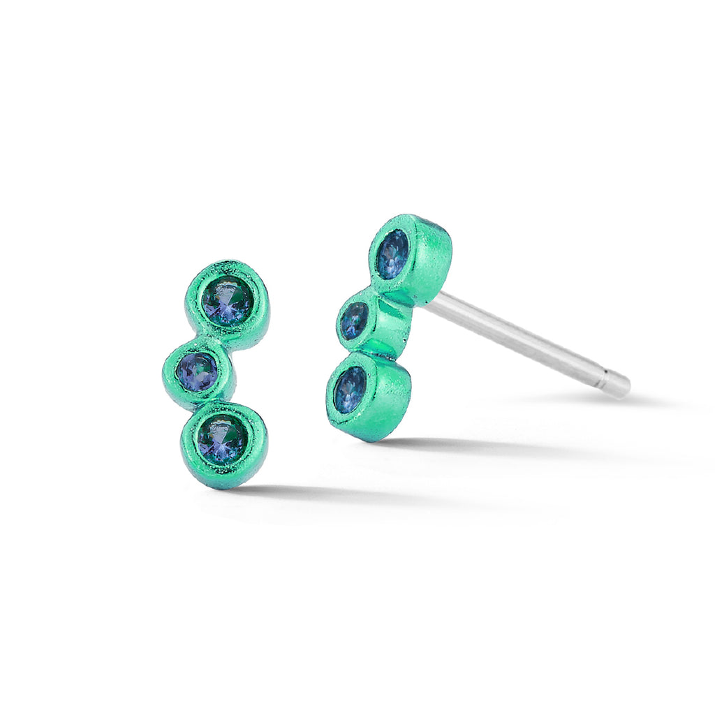 Electric 80s mini green three stone single stud earring, Tanzanite stud earring