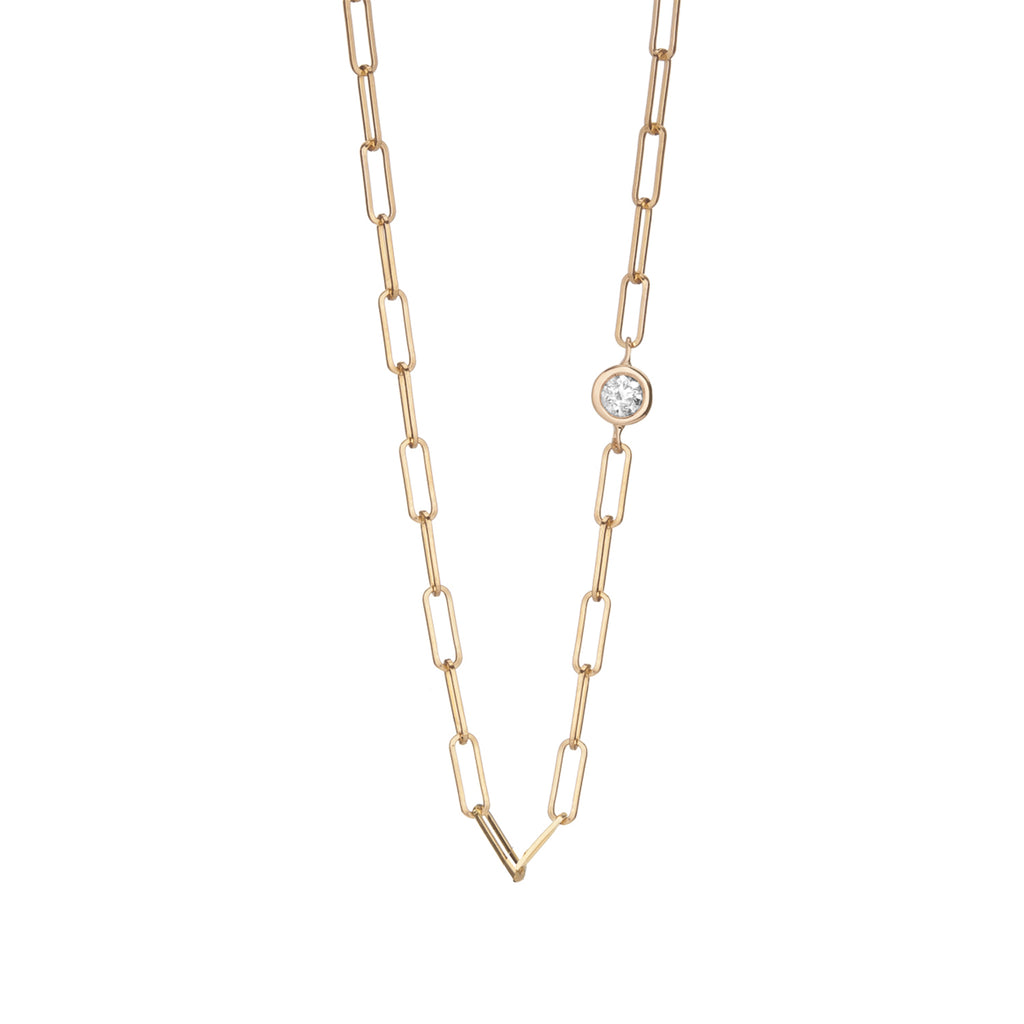 14k gold paperclip chain with floating diamond, rectangle link gold chain with bezel set diamond, 14k gold chain